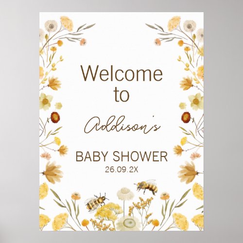 Yellow Bee Wildflowers Baby Shower Welcome Sign
