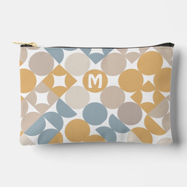 Yellow Beige Brown Gray Midcentury Circles Pattern Accessory Pouch (Front)