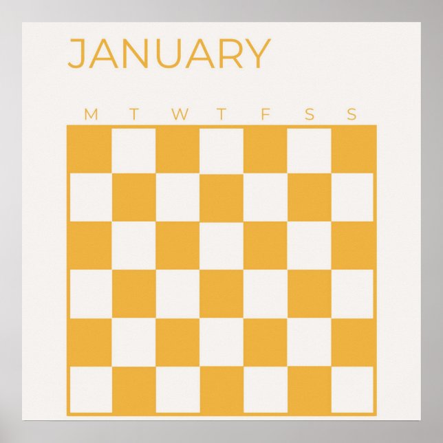 Yellow Beige Undated Checkered January Calendar Poster (Front)