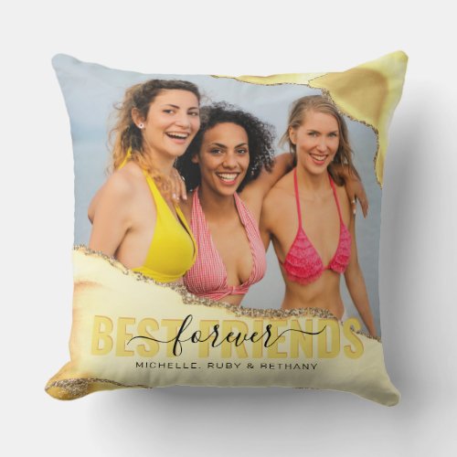 Yellow Best Friends Forever Photo Throw Pillow - Personalized friendship pillow featuring a photo of you and your besties, stylish yellow agate edges with gold glitter accents, and your names.