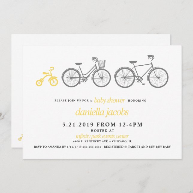 Yellow Bicycle Baby Shower Invitation (Front/Back)