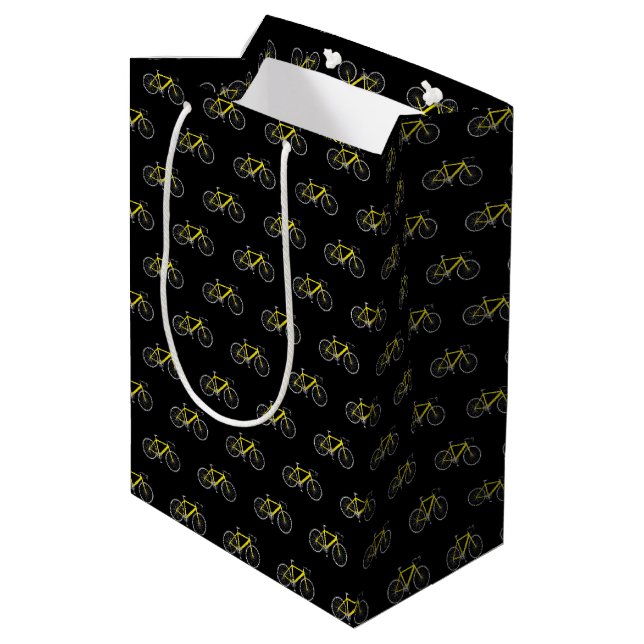 Yellow bicycle on black medium gift bag (Back Angled)