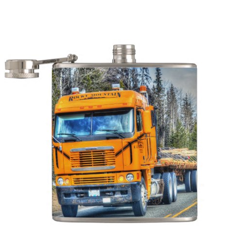Yellow Big Rig Truckers Lorry Delivery Truck Hip Flask
