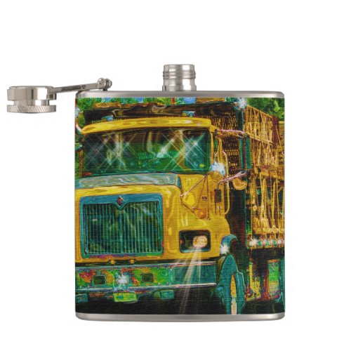 Yellow Big Rig Truckers Lorry  Highway Truck Flask