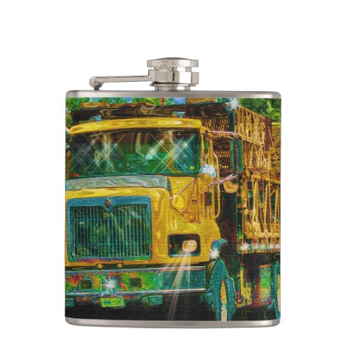 Yellow Big Rig Truckers Lorry  Highway Truck Hip Flask