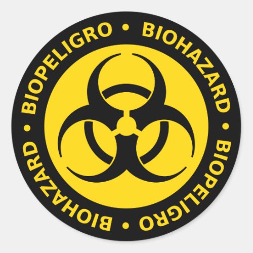Yellow Bilingual Biohazard Warning Classic Round Sticker