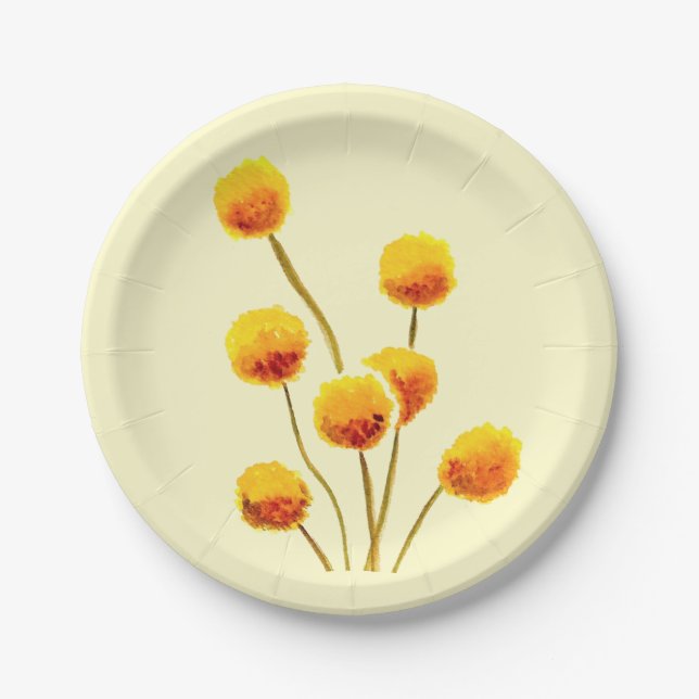 Yellow Billy Button native Australian flower Paper Plates (Front)