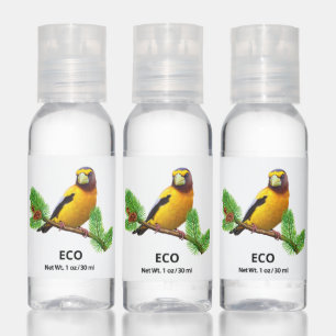 Yellow bird and pine branch with cones hand sanitizer