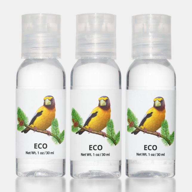 Yellow bird and pine branch with cones hand sanitizer (Set)