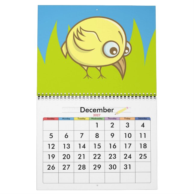 Yellow bird cartoon calendar (Dec 2027)