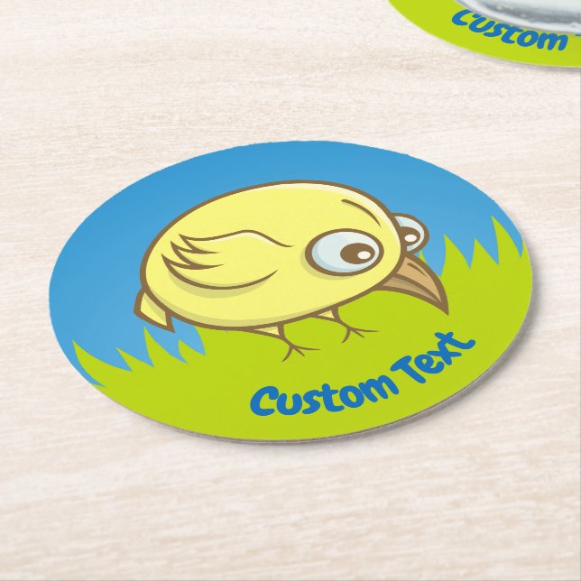 Yellow bird cartoon round paper coaster (Angled)