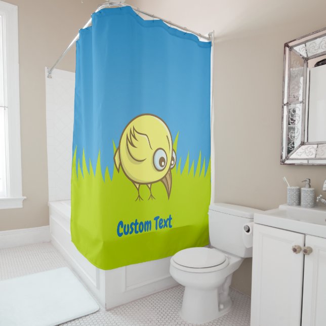 Yellow bird cartoon shower curtain (In Situ)