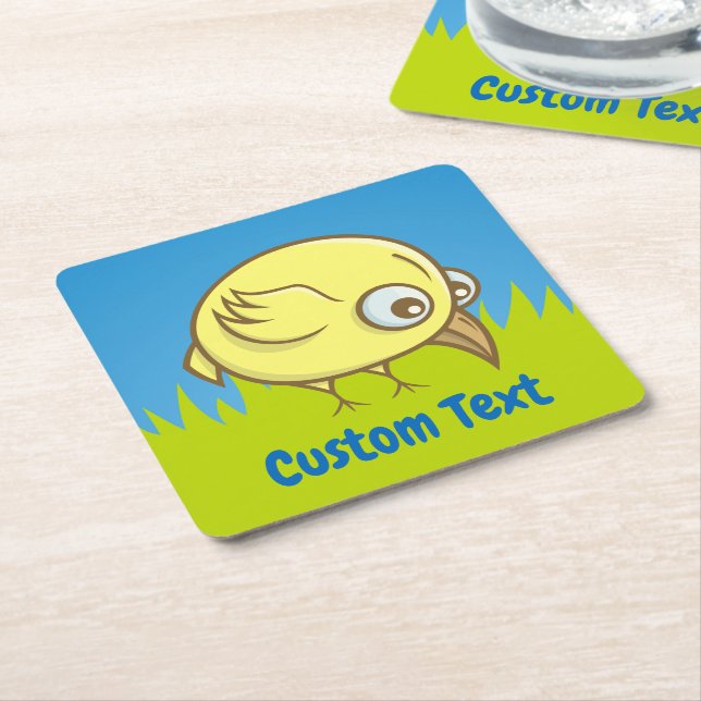 Yellow bird cartoon square paper coaster (Angled)