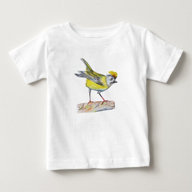 Yellow Bird Drawing Toddler Ruffle Tee, White Baby T-Shirt (Front)