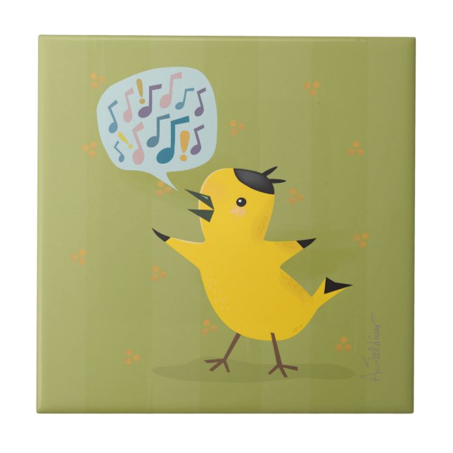 Yellow Bird Excited Warbler Ceramic Tile (Front)