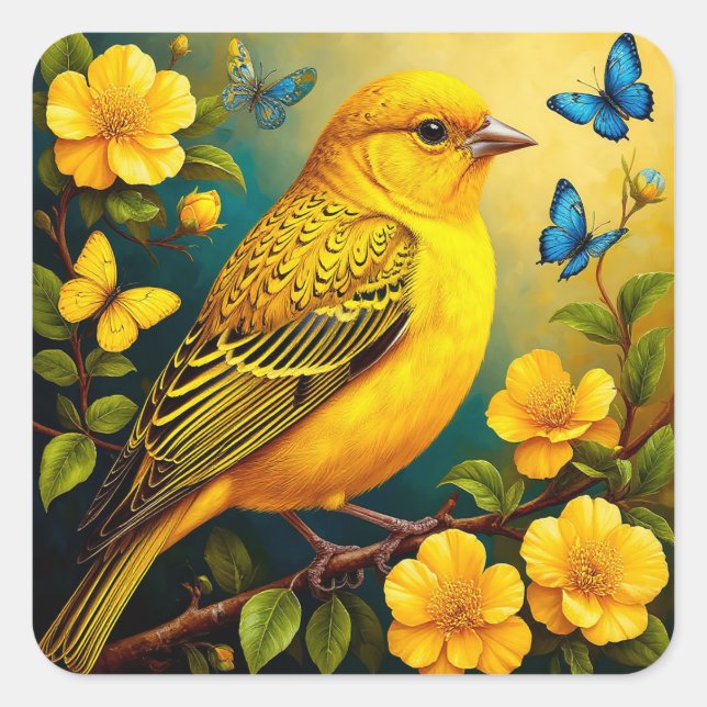 Yellow Bird Floral Spring Joy 🐦🌸✨ Square Sticker (Front)