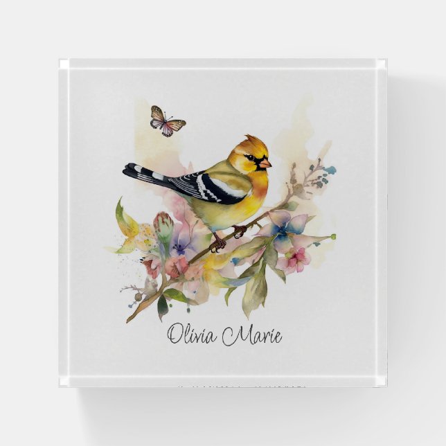 Yellow Bird Goldfinch Butterfly Watercolor Name Paperweight (Front)