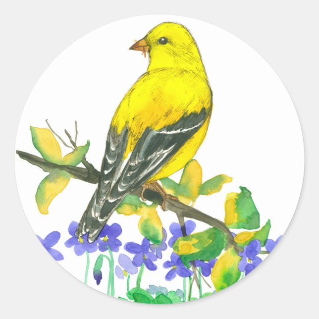 Yellow Bird Goldfinch Watercolor Purple Violets Classic Round Sticker (Front)