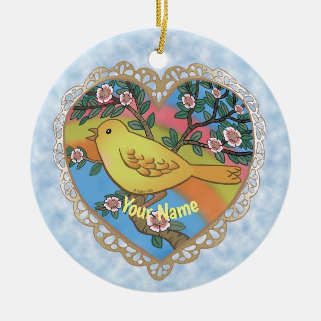 Yellow Bird Heart custom  Ceramic Ornament (Front)