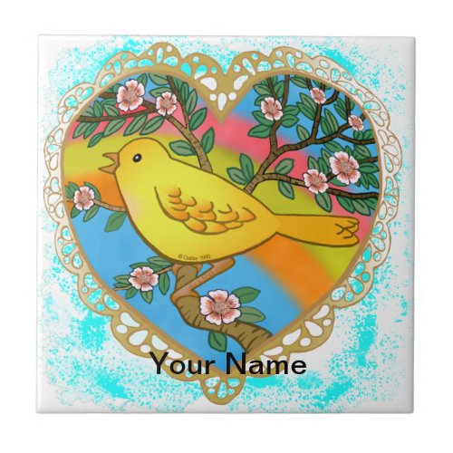 Yellow Bird Heart custom name  Ceramic Tile