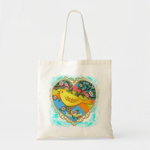 Yellow Bird Heart custom name Tote Bag
