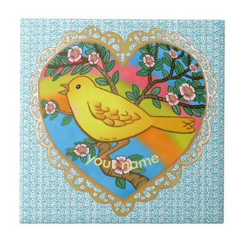Yellow Bird Heart Grandma custom name  Ceramic Tile
