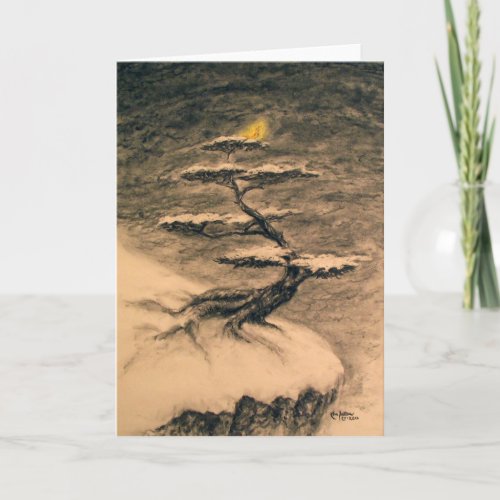 yellow bird in a bonsai tree covered in snow holiday card