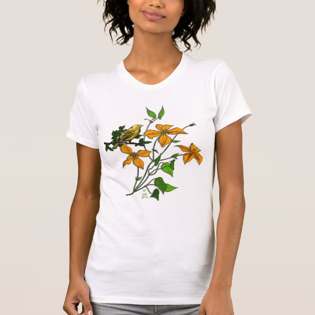 Yellow Bird on Orange Tiger Lilies T-Shirt (Front)