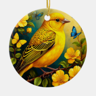Yellow Bird Perched Among Bright Blossoms Ceramic Ornament