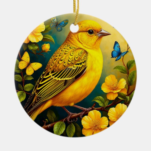 Yellow Bird Perched Among Bright Blossoms Ceramic Ornament (Front)
