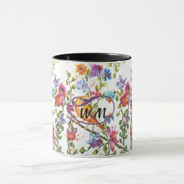 YELLOW BIRD WHIMSICAL WATERCOLOR FLOWERS MUG (Center)