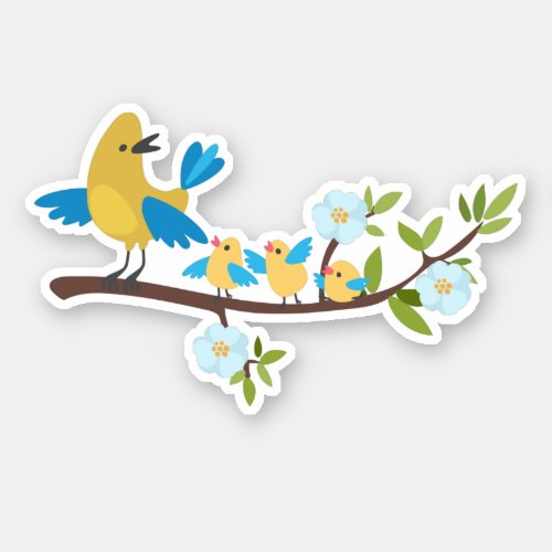 Yellow bird with chicks on a flowering branch sticker