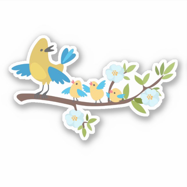 Yellow bird with chicks on a flowering branch sticker (Front)