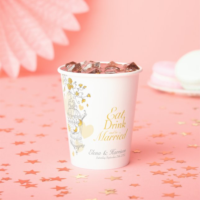 Yellow birdcage wedding custom name gray white paper cups (Insitu)