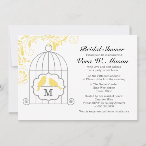 Yellow Birdcage With Love Birds Bridal Shower Invite