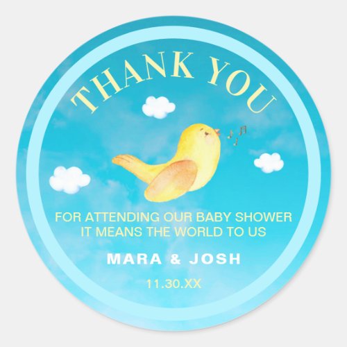 ** Yellow Birdie Blue Sky Baby Shower Thank You Classic Round Sticker