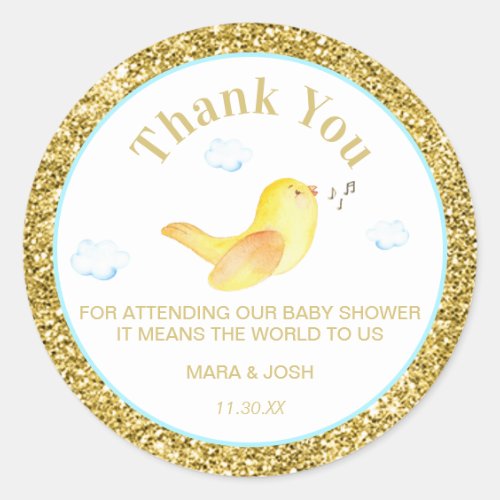*~* Yellow Birdie Clouds Sky Baby Shower Thank You Classic Round Sticker
