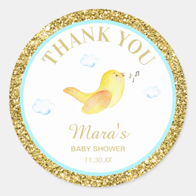 Yellow Birdie Glitter Baby Shower Thank You Classic Round Sticker | Zazzle