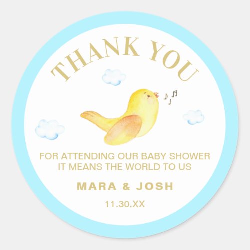 *~* Yellow Birdie Sky Blue Baby Shower Thank You Classic Round Sticker