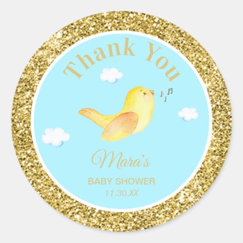 *~* Yellow Birdie Sky Cloud Baby Shower Thank You Classic Round Sticker