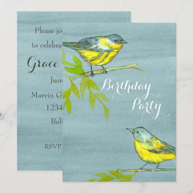 Yellow Birds Gray Birthday Party Invitation (Front/Back)