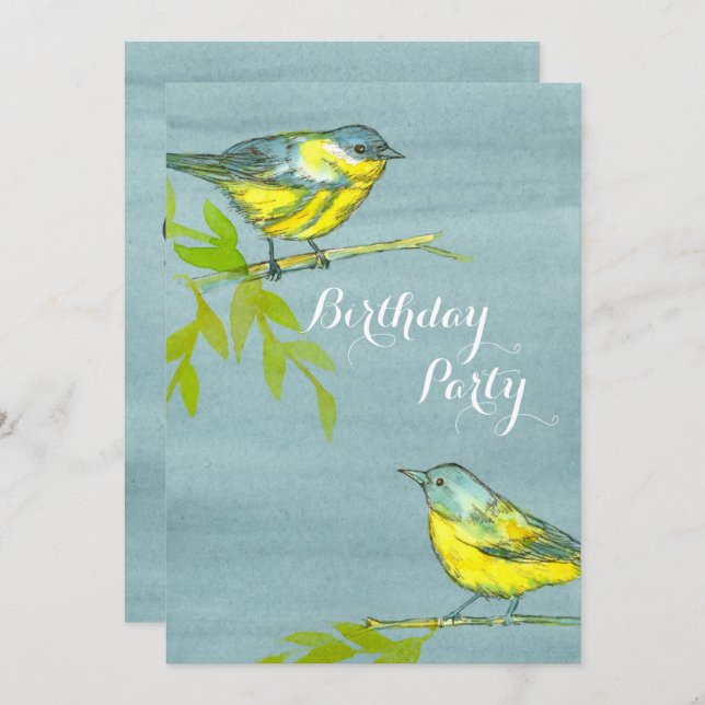 Yellow Birds Gray Birthday Party Invitation (Front/Back)
