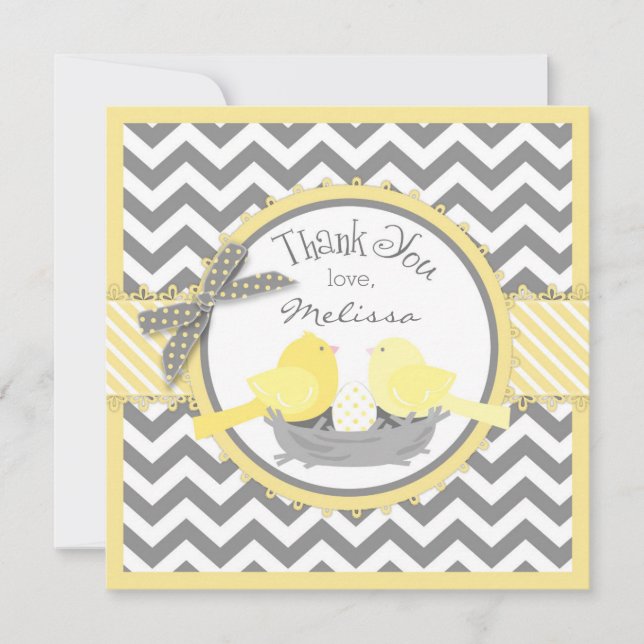 Yellow Birds Nest Egg Chevron Print Thank You Card (Front)