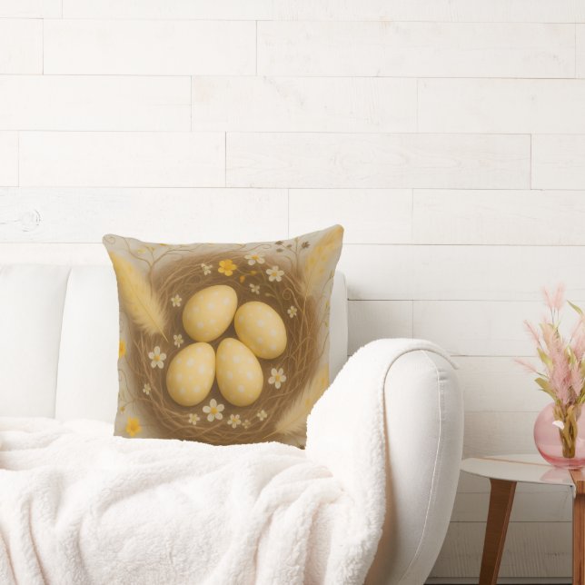 Yellow Birds Nest with Baby Eggs Flowers Feathers Throw Pillow (Couch)