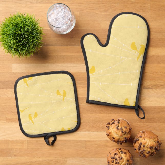 Yellow Birds on a Wire Oven Mitt & Pot Holder Set (Top Down)