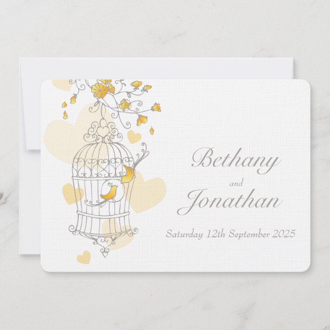 Yellow birds open cage custom wedding invitation (Front)