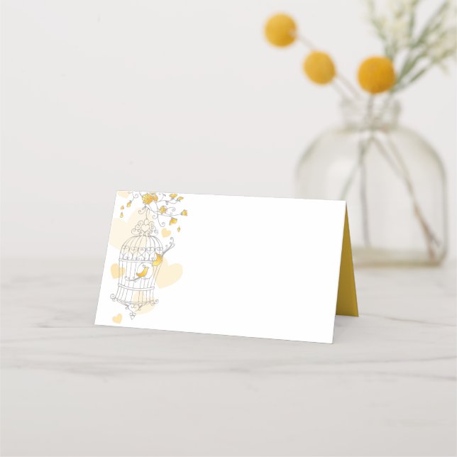 Yellow birds open cage graphic guest place cards (Back)
