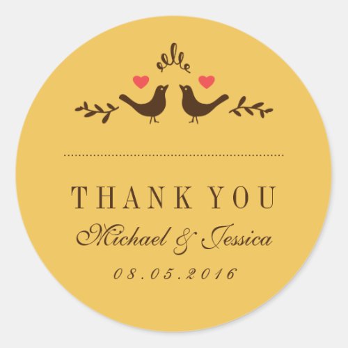 Yellow Birds Small Heart Wedding Thank You Sticker