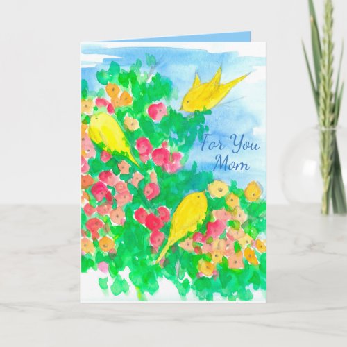 Yellow Birds Watercolor Flowers Happy Mothers Day Card