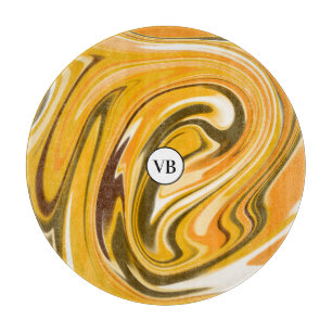 Yellow Black acrylic pour marble add name monogram Cutting Board